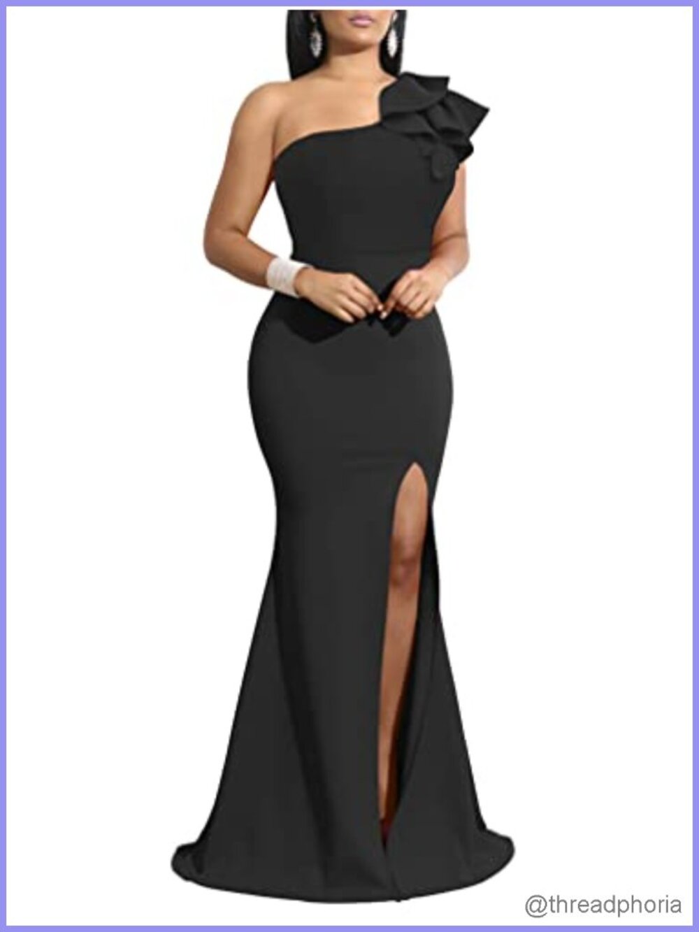 Sleeveless One Shoulder Slit Long Formal Dress, Polyester Spandex, Ruffled